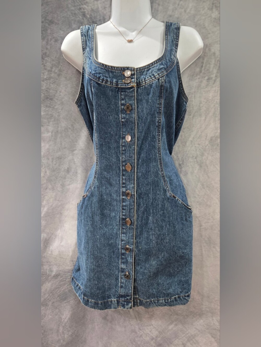 Classic Blue Denim Button-Front Overall Dress